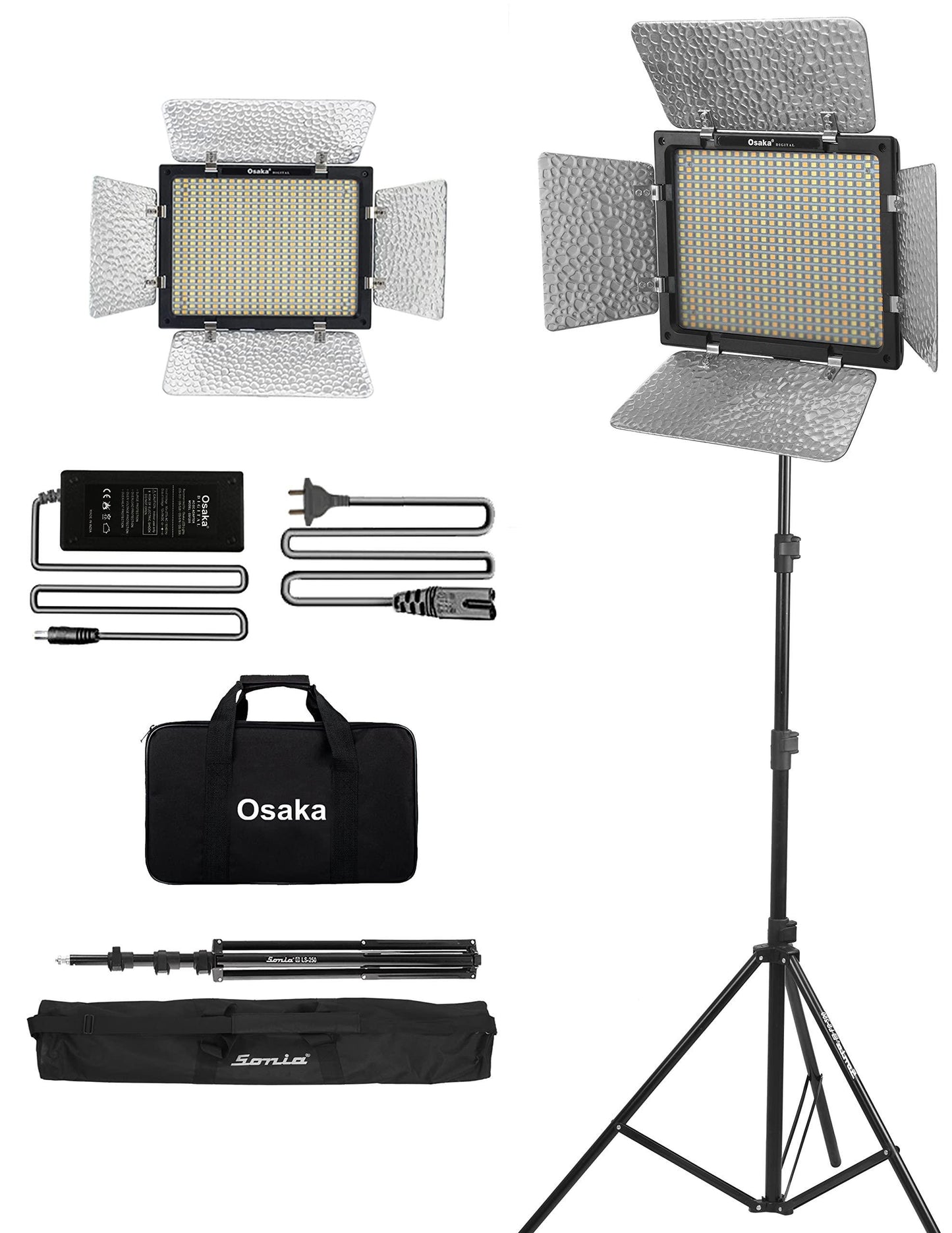 Osaka Bi-Color Dimmable LED Video Light OS 576 Slim 1 Pc Combo kit for All DSLR Camera Video Cameras & Youtube video shooting; 1 AC/DC Adapter; 1 Light Stand 9 Feet; 1 Stand Bag; 1 LED light Carry bag - Triveni World