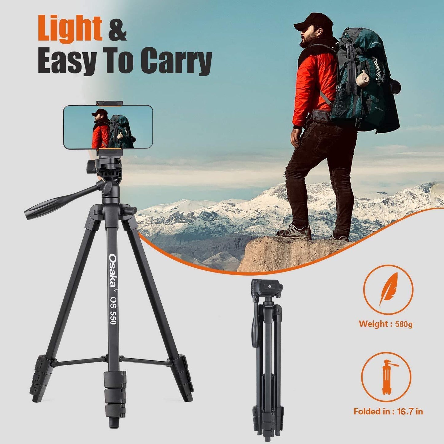 Osaka OS 550 Tripod 55 Inches (140 cm) with Mobile Holder and Carry Case for Smartphone & DSLR Camera Portable Lightweight Aluminium Tripod - Triveni World