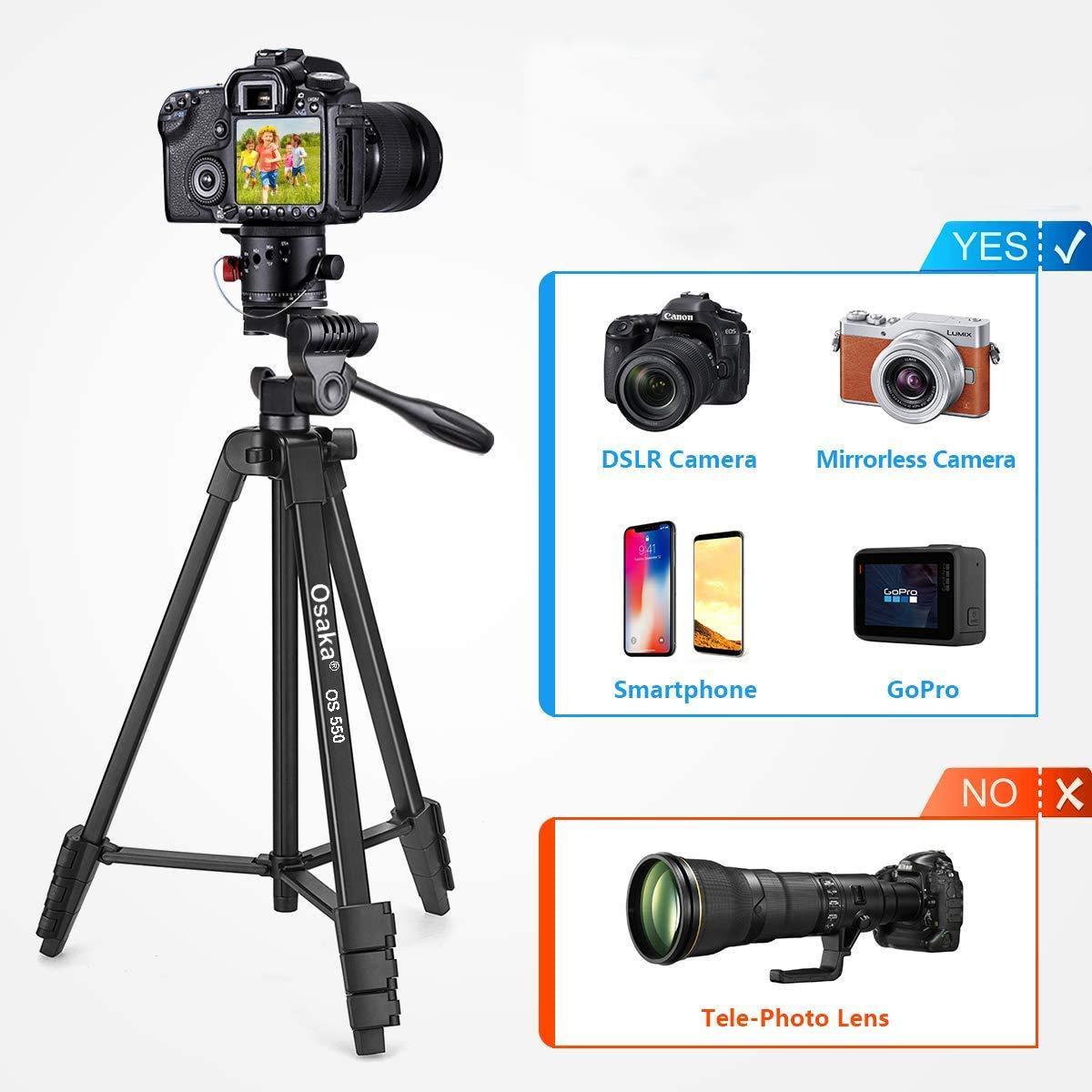 Osaka OS 550 Tripod 55 Inches (140 cm) with Mobile Holder and Carry Case for Smartphone & DSLR Camera Portable Lightweight Aluminium Tripod - Triveni World