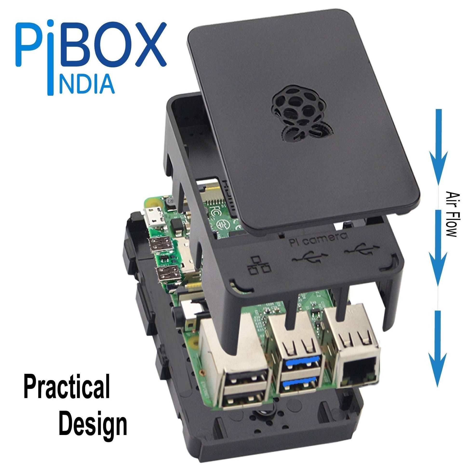 PiBOX India for Raspberry Pi 4 Case 1Gb, 2GB, 4GB, 8GB Black, Raspberry Pi 4 Case with air vents, with logo top screwless modular design, ports access Raspberry Pi 4 Model B, Pi 4B, Pi 4,Camera and Ports ABS (Black) - Triveni World