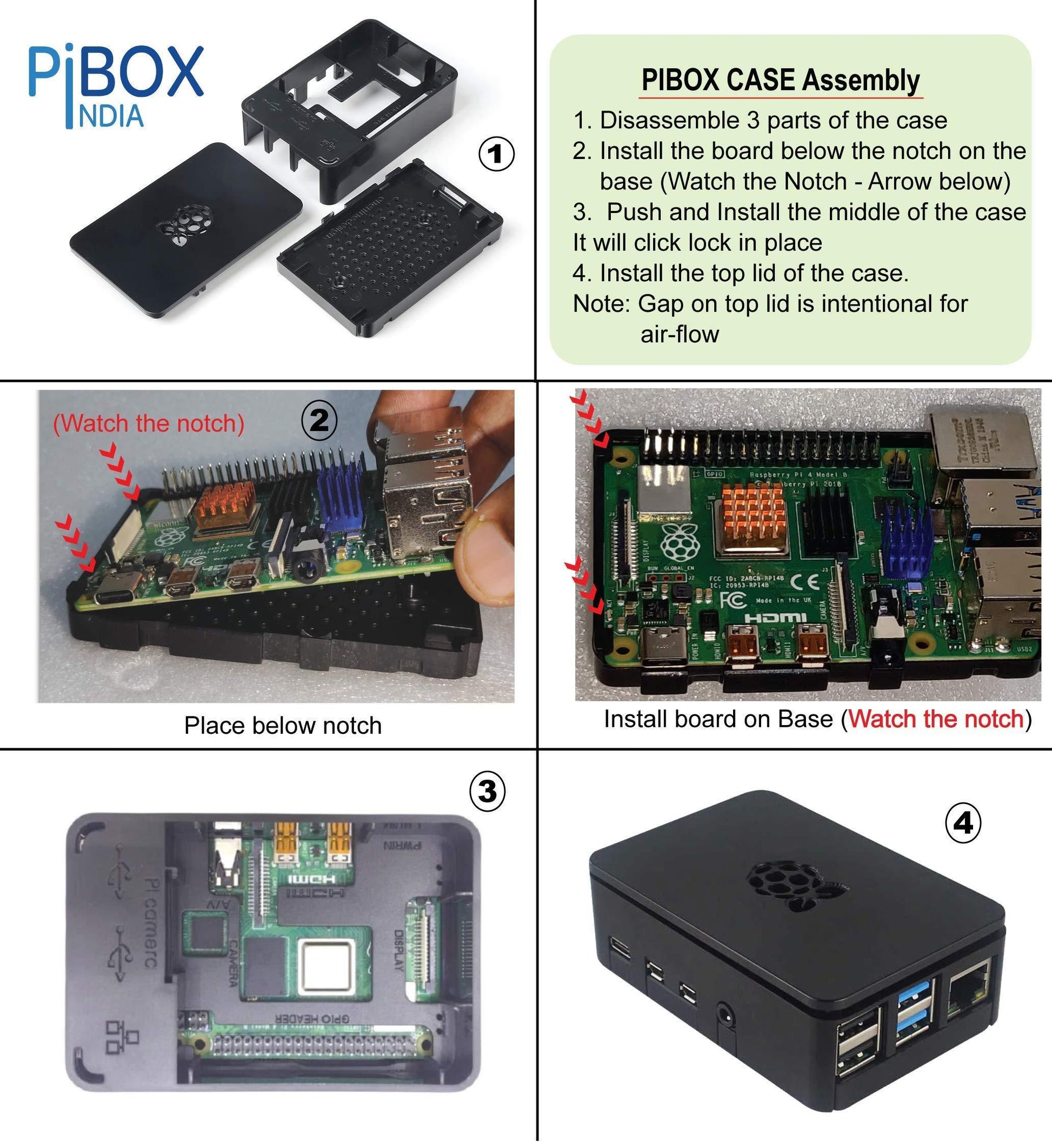 PiBOX India for Raspberry Pi 4 Case 1Gb, 2GB, 4GB, 8GB Black, Raspberry Pi 4 Case with air vents, with logo top screwless modular design, ports access Raspberry Pi 4 Model B, Pi 4B, Pi 4,Camera and Ports ABS (Black) - Triveni World