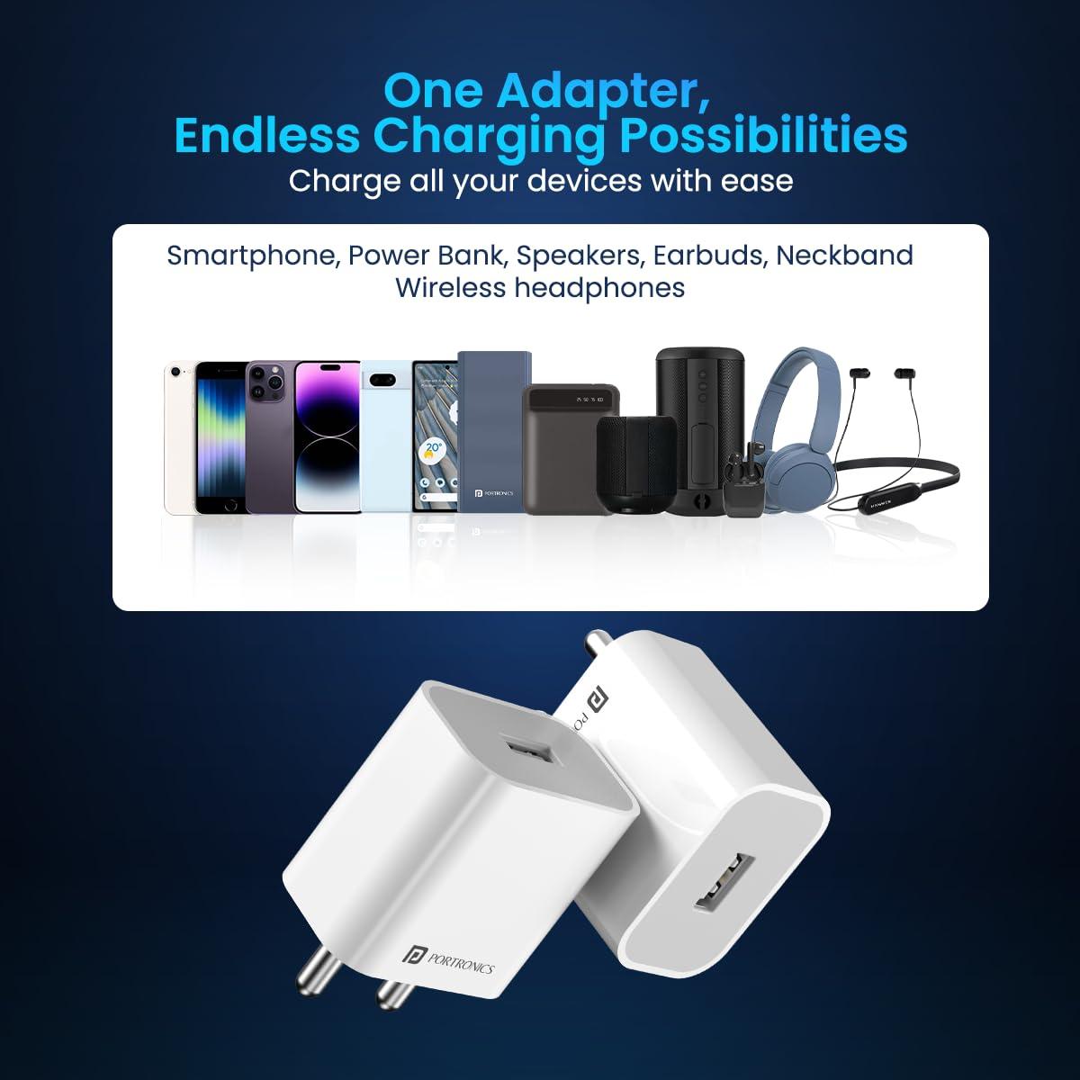 Portronics Adapto 12 2.4A 12W Fast Wall Charger for iPhone 11/Xs/XS Max/XR/X/8/7/6/Plus, iPad Pro/Air 2/Mini 3/Mini 4, Samsung S4/S5, and More(White) - Triveni World