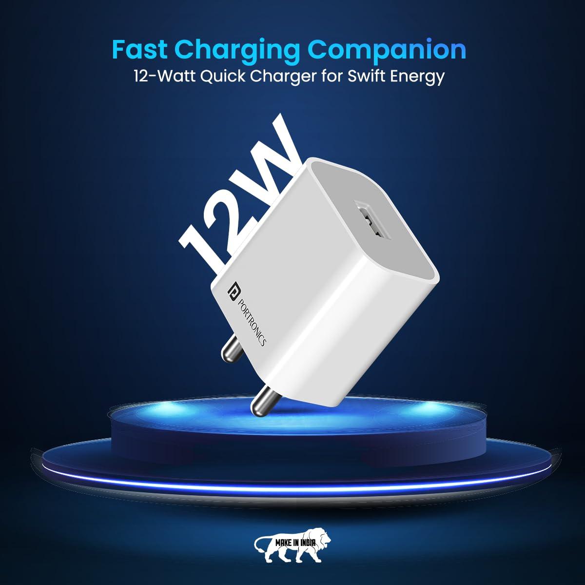 Portronics Adapto 12 2.4A 12W Fast Wall Charger for iPhone 11/Xs/XS Max/XR/X/8/7/6/Plus, iPad Pro/Air 2/Mini 3/Mini 4, Samsung S4/S5, and More(White) - Triveni World