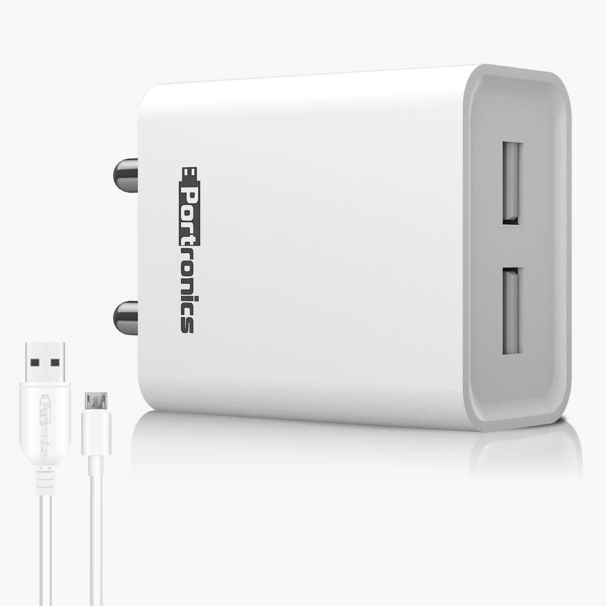 Portronics Adapto 66 2.4A 12w Dual USB Port 5V/2.4A Wall Charger,Comes with 1M Micro USB Cable, USB Wall Charger Adapter for iPhone 11/Xs/XS Max/XR/X/8/7/6/Plus, iPad Pro/Air 2/Mini 3/Mini 4, Samsung S4/S5, and More(White) - Triveni World