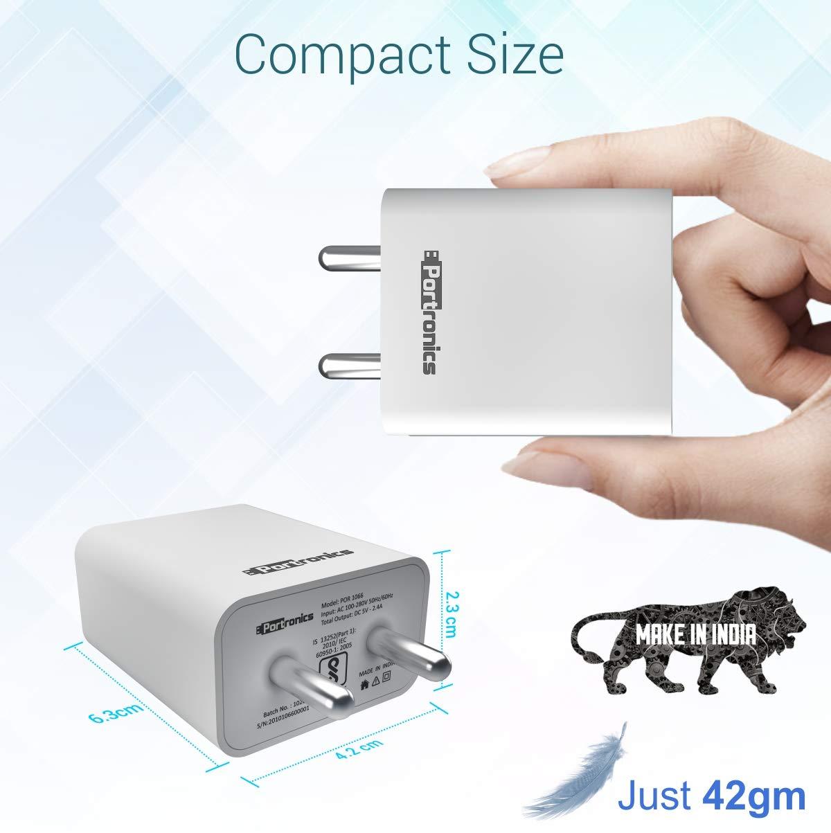 Portronics Adapto 66 2.4A 12w Dual USB Port 5V/2.4A Wall Charger,Comes with 1M Micro USB Cable, USB Wall Charger Adapter for iPhone 11/Xs/XS Max/XR/X/8/7/6/Plus, iPad Pro/Air 2/Mini 3/Mini 4, Samsung S4/S5, and More(White) - Triveni World