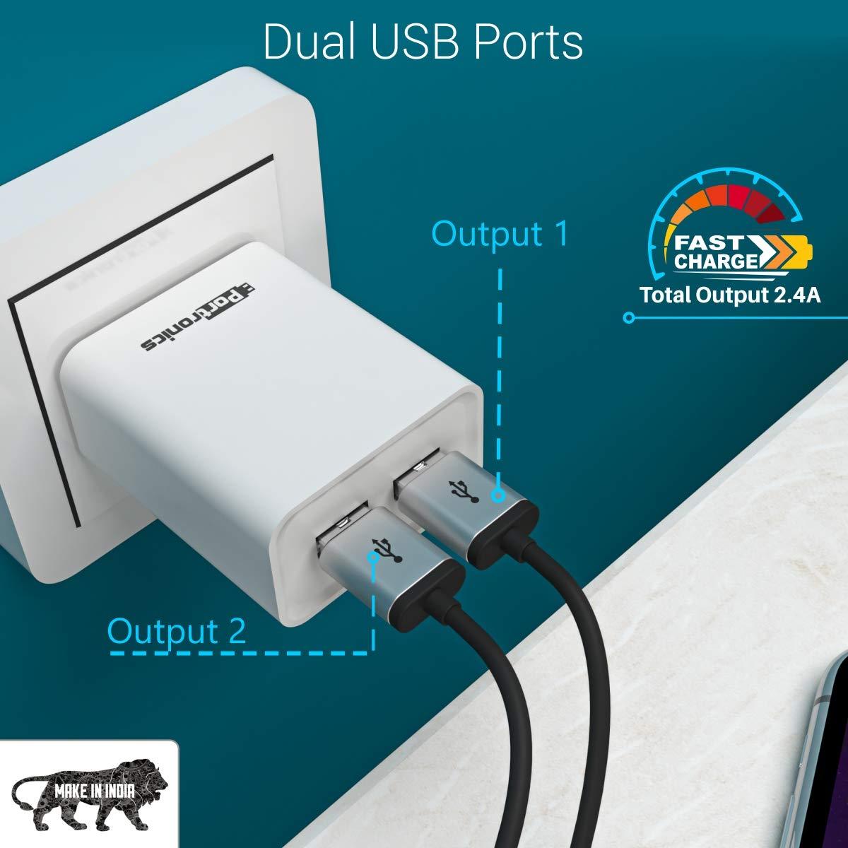 Portronics Adapto 66 2.4A 12w Dual USB Port 5V/2.4A Wall Charger,Comes with 1M Micro USB Cable, USB Wall Charger Adapter for iPhone 11/Xs/XS Max/XR/X/8/7/6/Plus, iPad Pro/Air 2/Mini 3/Mini 4, Samsung S4/S5, and More(White) - Triveni World