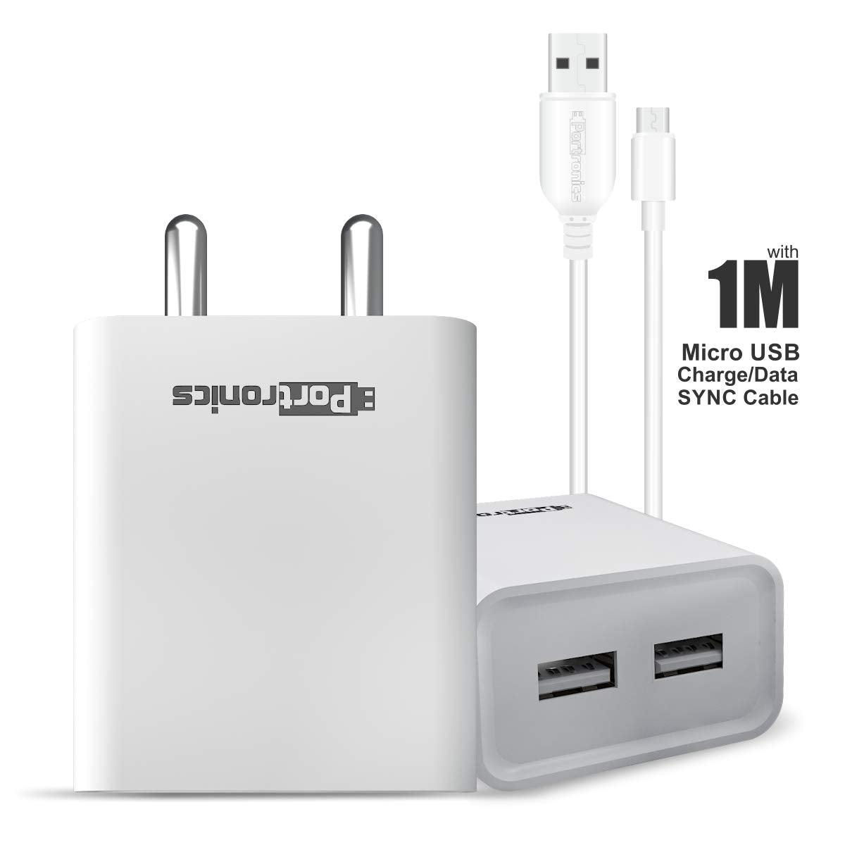 Portronics Adapto 66 2.4A 12w Dual USB Port 5V/2.4A Wall Charger,Comes with 1M Micro USB Cable, USB Wall Charger Adapter for iPhone 11/Xs/XS Max/XR/X/8/7/6/Plus, iPad Pro/Air 2/Mini 3/Mini 4, Samsung S4/S5, and More(White) - Triveni World