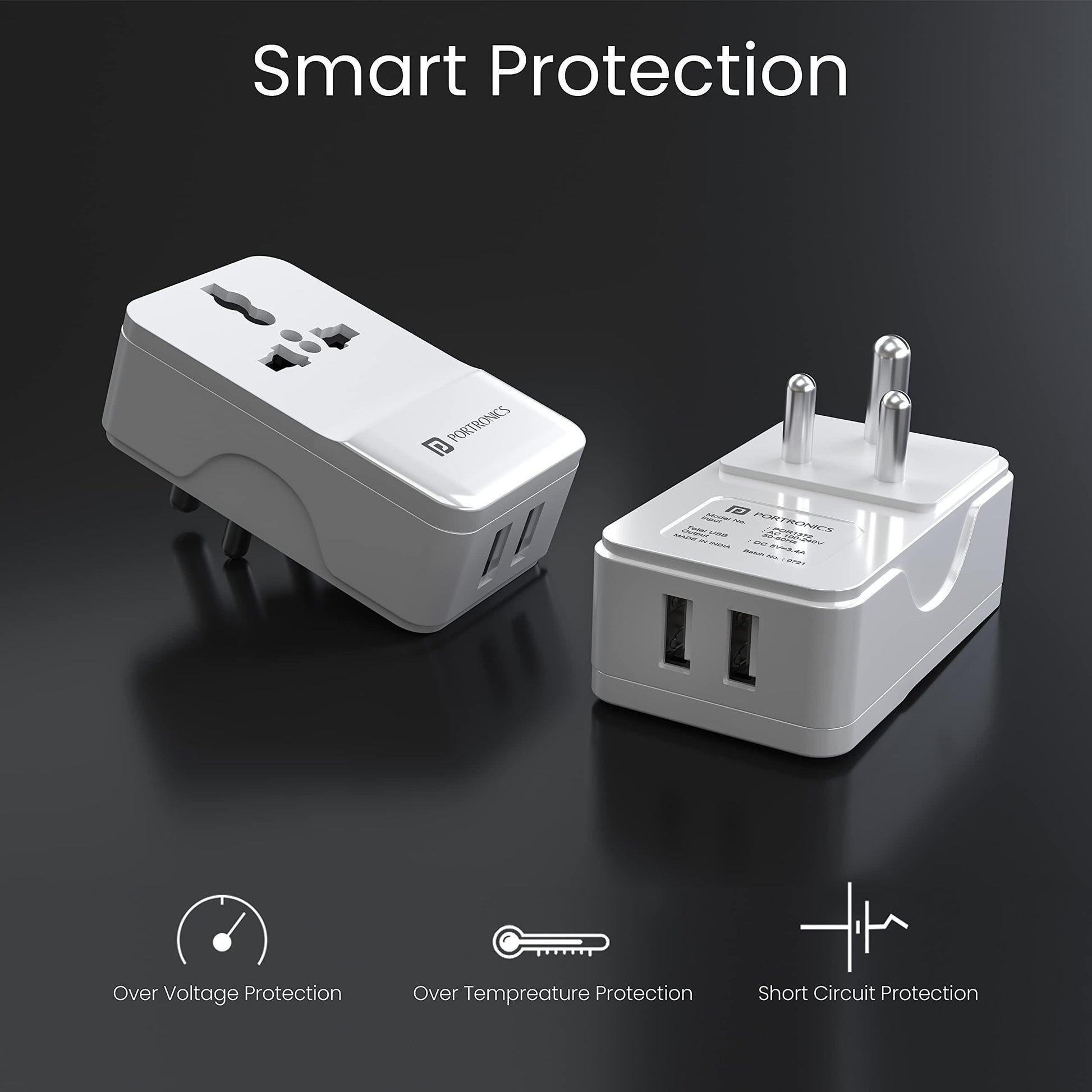 Portronics Adapto III Dual USB Adapter with 1 AC Power Socket 3.4Amp Total Output for Smartphones (White) - Triveni World