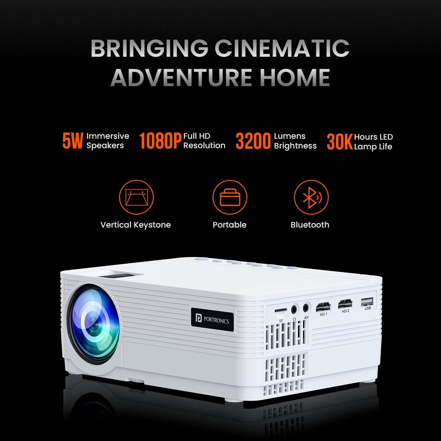 Portronics Beem 420 Led Projector with 3200 Lumens, 1080P Full Hd Native, Upto 250 Inches Display, Ios Screen Mirroring, 5 Watt Bluetooth Speaker(White) - Triveni World