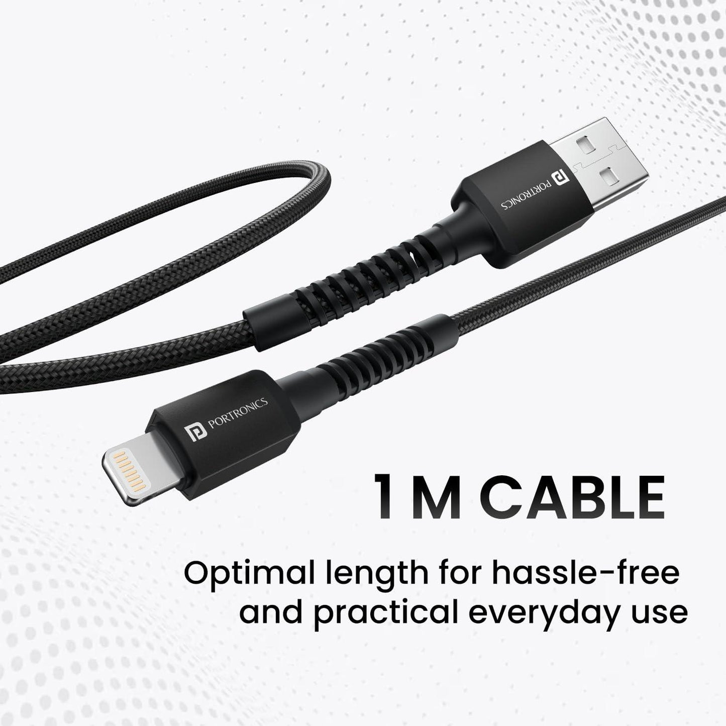 Portronics Konnect X USB to 8 Pin Cable with 3A Output, Fast Charging & Data Transfer, Nylon Braided, Aluminium Alloy Shell, 1M Length compatible with 8 PIN Devices(Black) - Triveni World