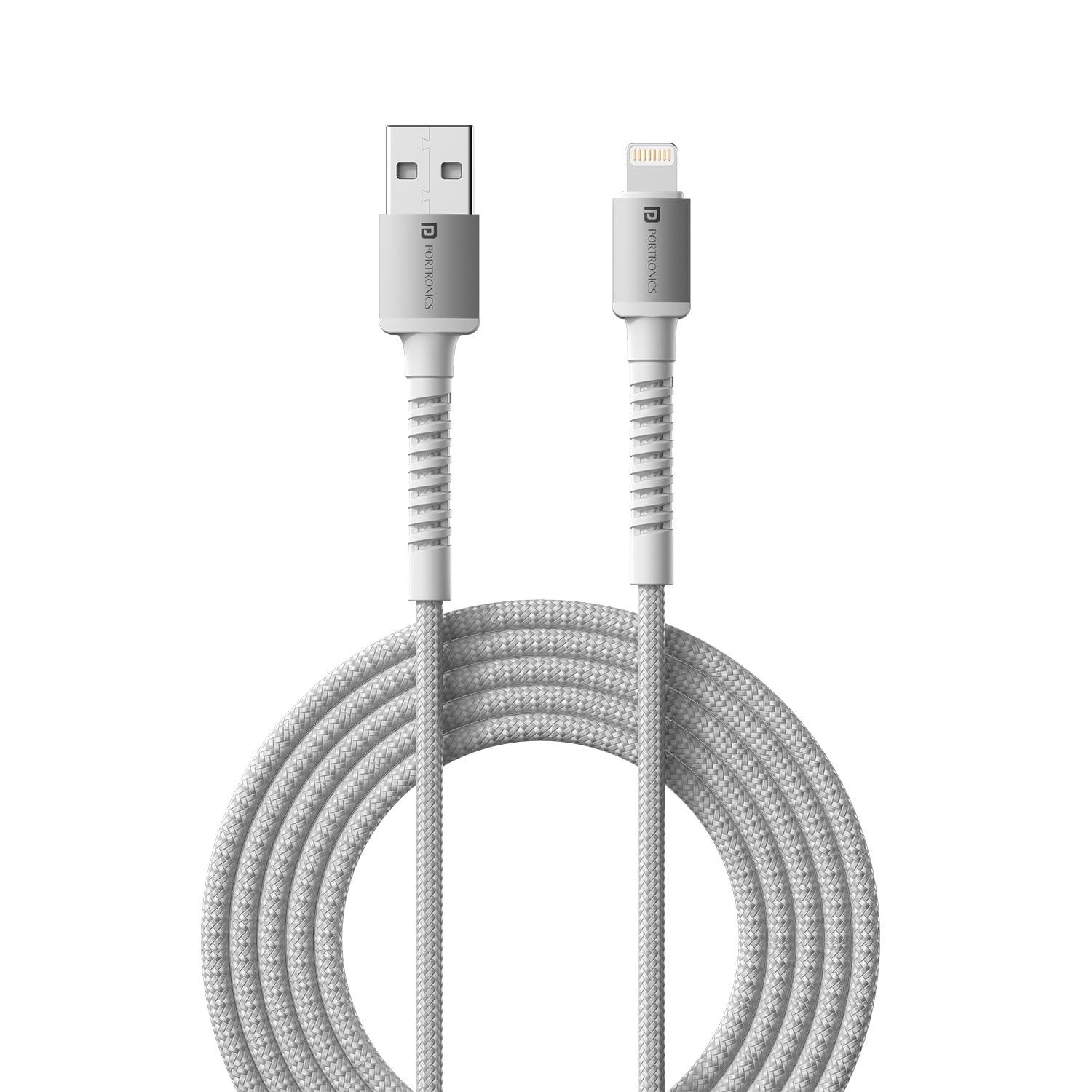 Portronics Konnect X USB to 8 Pin Cable with 3A Output, Fast Charging & Data Transfer, Nylon Braided, Aluminium Alloy Shell, 1M Length compatible with 8 PIN Devices(White) - Triveni World