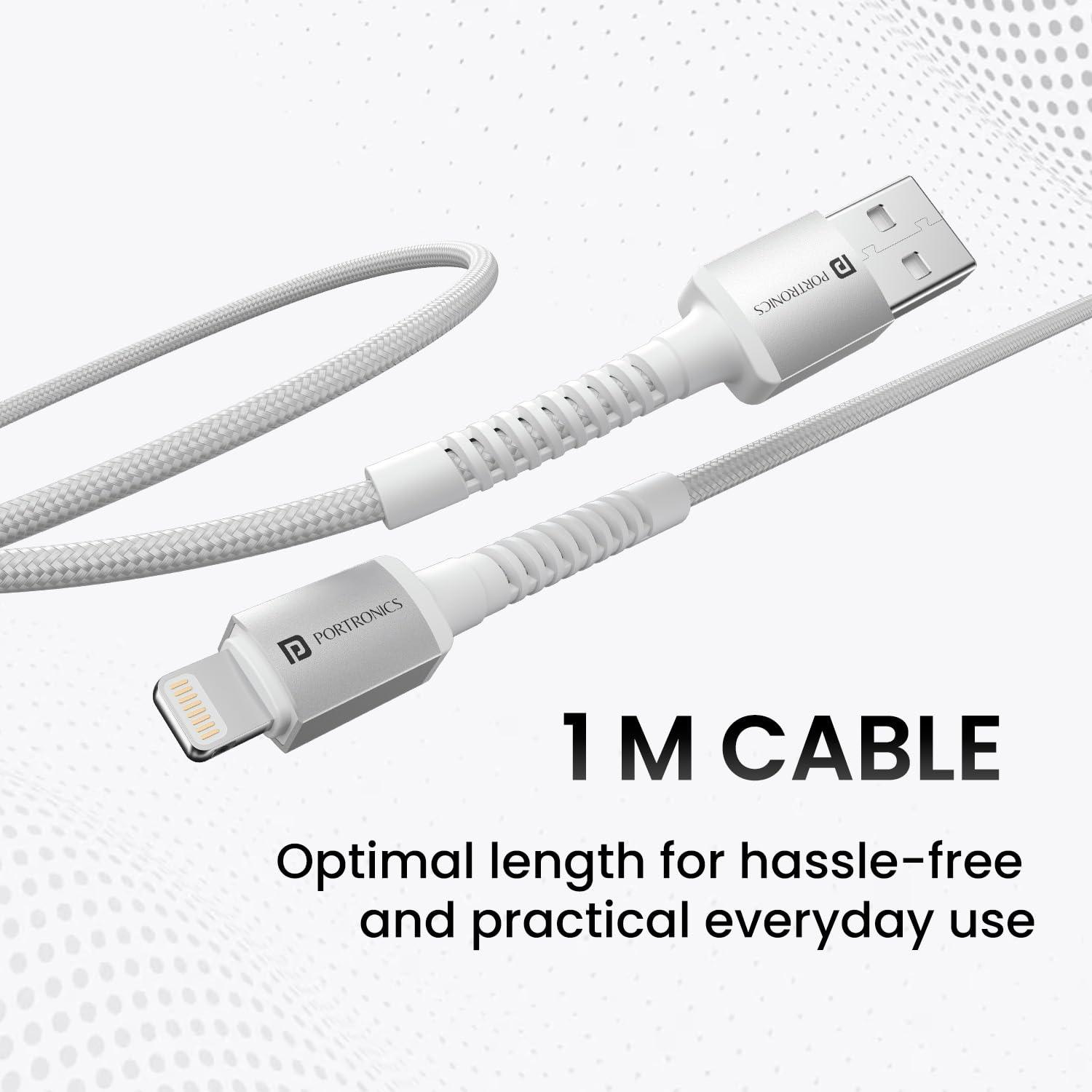 Portronics Konnect X USB to 8 Pin Cable with 3A Output, Fast Charging & Data Transfer, Nylon Braided, Aluminium Alloy Shell, 1M Length compatible with 8 PIN Devices(White) - Triveni World