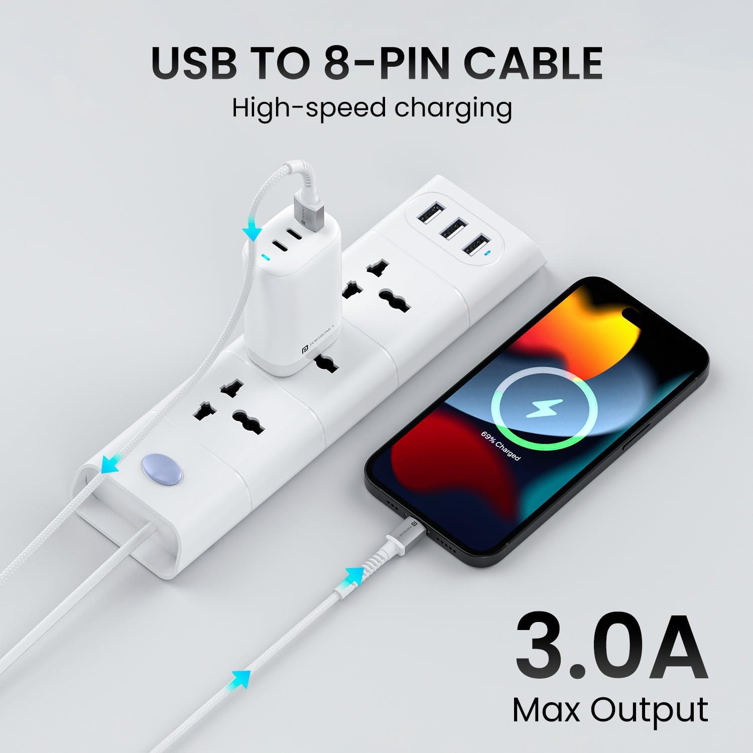 Portronics Konnect X USB to 8 Pin Cable with 3A Output, Fast Charging & Data Transfer, Nylon Braided, Aluminium Alloy Shell, 1M Length compatible with 8 PIN Devices(White) - Triveni World