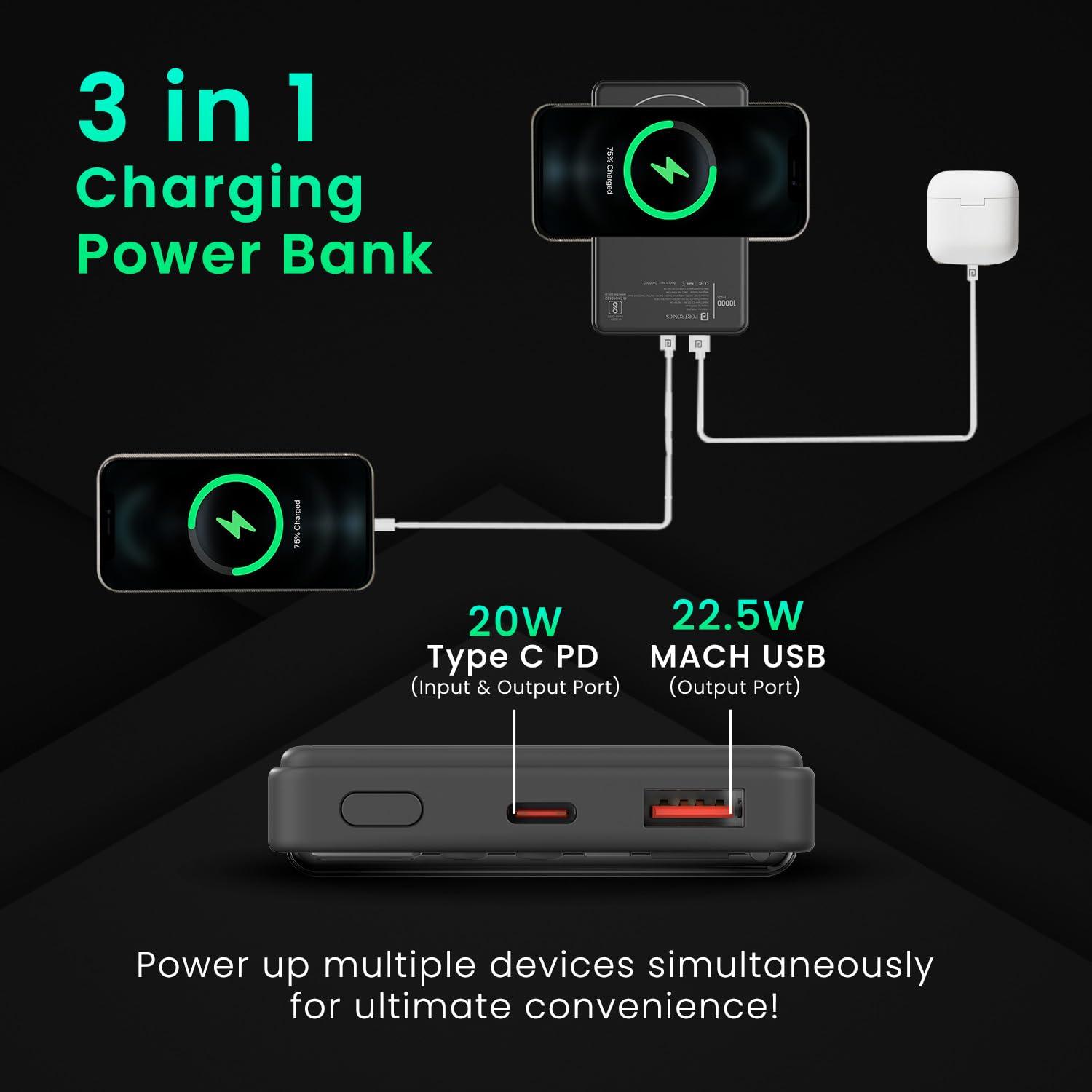 Portronics Luxcell Wireless Mini 10k 10000mAh 15W Magnetic Wireless Fast Charging Smallest Power Bank with 22.5 Wired Output Compatible with iPhone 12 & above & Other QI enabled Devices(Black) - Triveni World