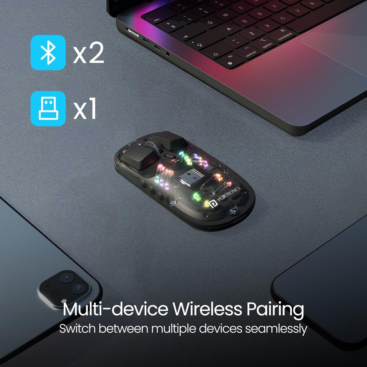 Portronics Toad 5 Transparent Bluetooth Mouse with 2.4 GHz & BT 5.3 Dual Wireless, Rechargeable, RGB Lights, Connect 3 Devices, Sleek Design for Laptop, Smartphone, Tablet (Black) - Triveni World