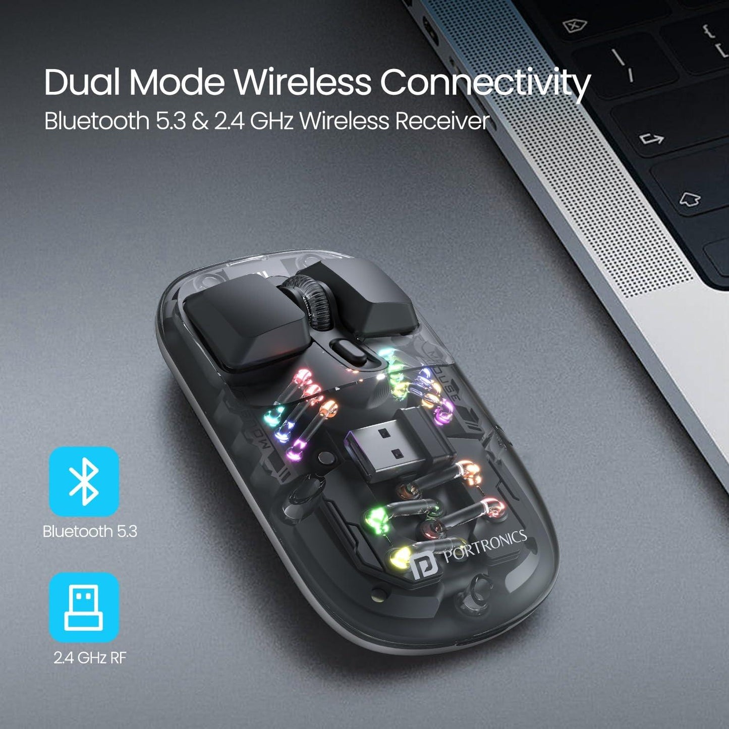 Portronics Toad 5 Transparent Bluetooth Mouse with 2.4 GHz & BT 5.3 Dual Wireless, Rechargeable, RGB Lights, Connect 3 Devices, Sleek Design for Laptop, Smartphone, Tablet (Black) - Triveni World