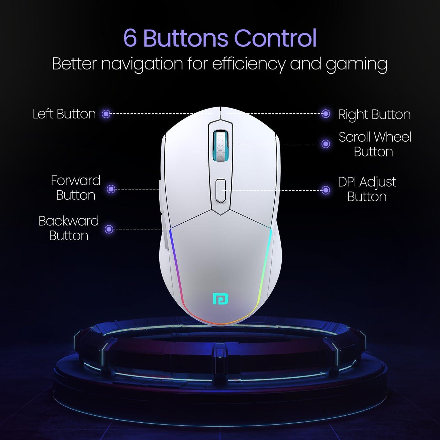 Portronics Toad One Bluetooth Mouse with 2.4 GHz & BT 5.3 Dual Wireless, 6 Buttons, Rechargeable, RGB Lights, Connect 3 Devices, Ergonomic Design for Laptop, Smartphone, Tablet (White) - Triveni World