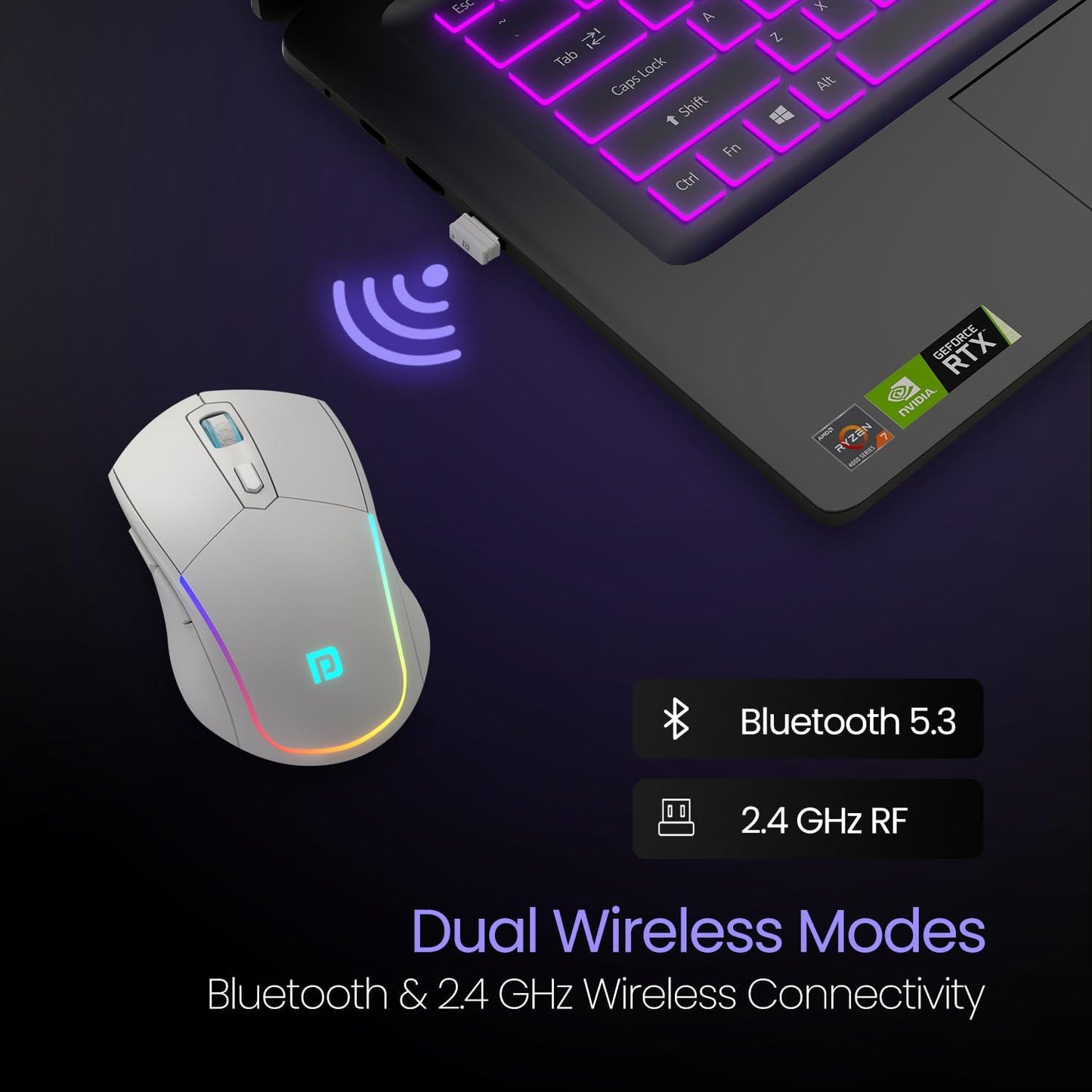 Portronics Toad One Bluetooth Mouse with 2.4 GHz & BT 5.3 Dual Wireless, 6 Buttons, Rechargeable, RGB Lights, Connect 3 Devices, Ergonomic Design for Laptop, Smartphone, Tablet (White) - Triveni World