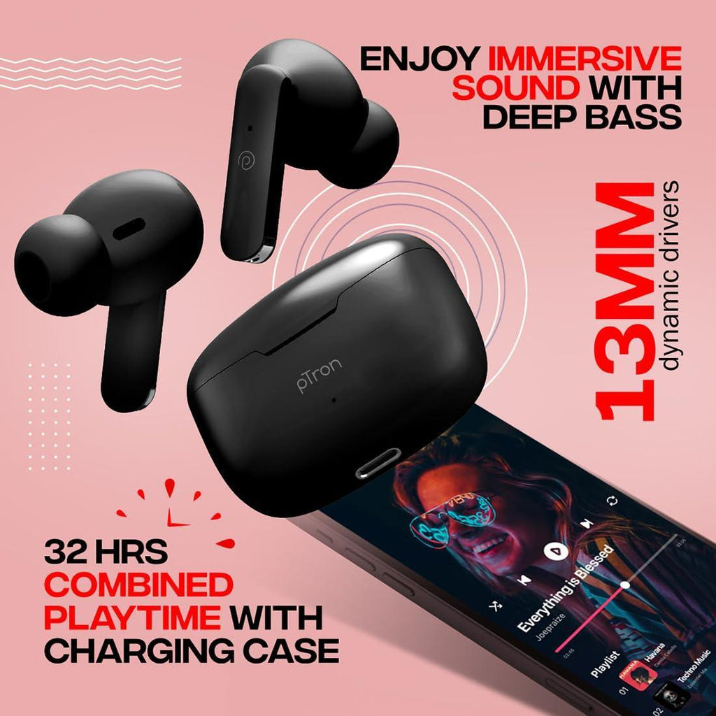 pTron Bassbuds Duo in-Ear Bluetooth 5.1 Wireless Headphones, Stereo Audio, Touch Control TWS Earbuds with HD Mic, Type-C Fast Charging, IPX4 Water Resistant & Voice Assistance - Triveni World