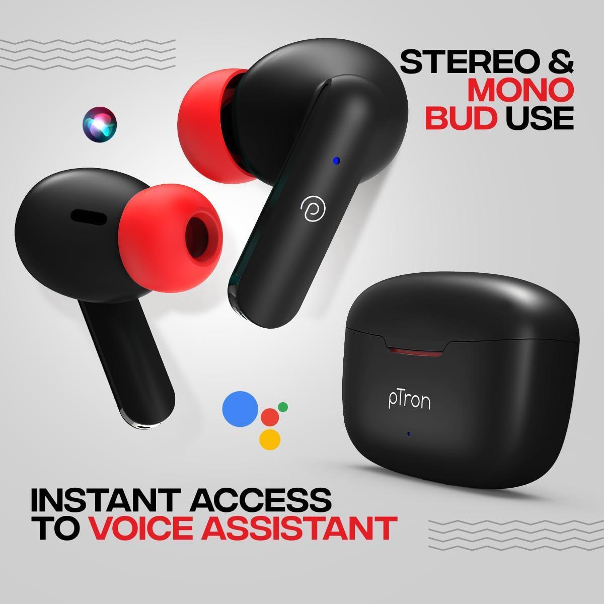 pTron Bassbuds Duo in-Ear Wireless Earbuds, Immersive Sound, 32Hrs Playtime, Clear Calls TWS Earbuds, Bluetooth V5.1 Headphone, Type-C Fast Charging, Voice Assist & IPX4 Water Resistant (Black & Red) - Triveni World