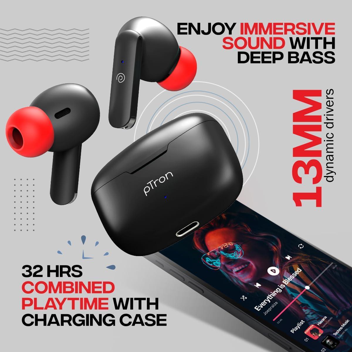 pTron Bassbuds Duo in-Ear Wireless Earbuds, Immersive Sound, 32Hrs Playtime, Clear Calls TWS Earbuds, Bluetooth V5.1 Headphone, Type-C Fast Charging, Voice Assist & IPX4 Water Resistant (Black & Red) - Triveni World