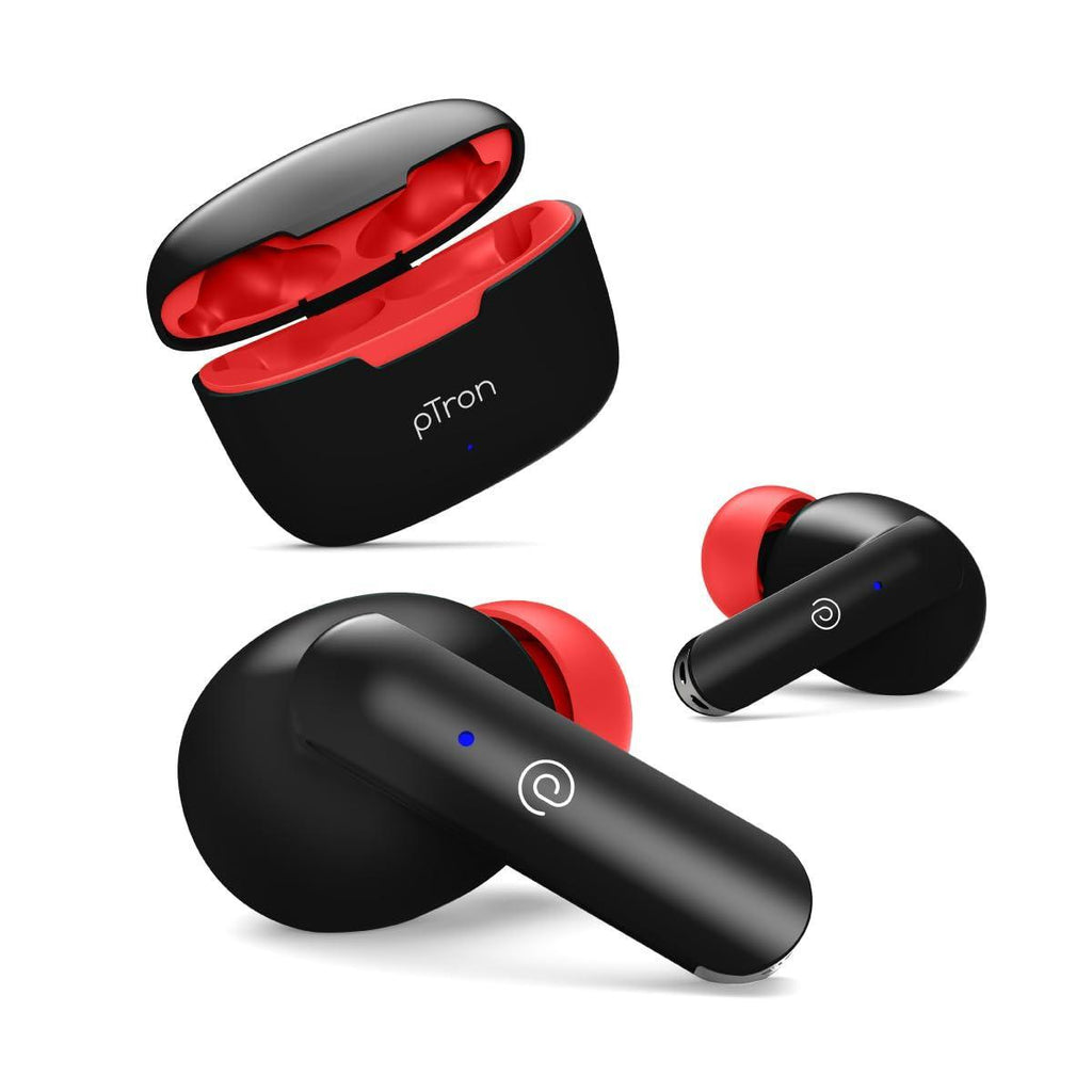 pTron Bassbuds Duo in-Ear Wireless Earbuds, Immersive Sound, 32Hrs Playtime, Clear Calls TWS Earbuds, Bluetooth V5.1 Headphone, Type-C Fast Charging, Voice Assist & IPX4 Water Resistant (Black & Red) - Triveni World