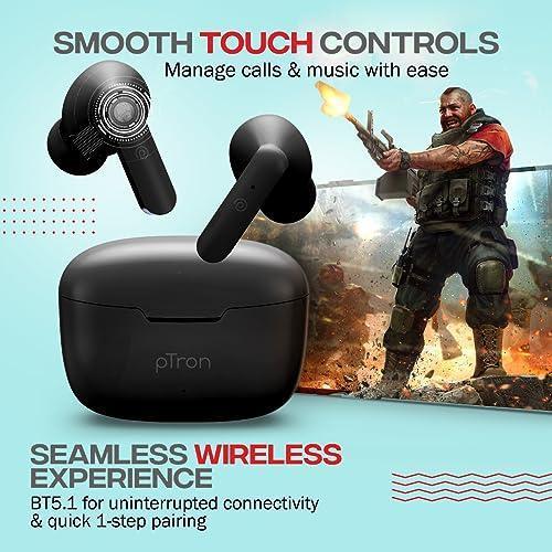 pTron Bassbuds Duo in-Ear Wireless Earbuds, Immersive Sound, 32Hrs Playtime, Clear Calls TWS Earbuds, Bluetooth V5.1 Headphone, Type-C Fast Charging, Voice Assist & IPX4 Water Resistant (Black Matt) - Triveni World