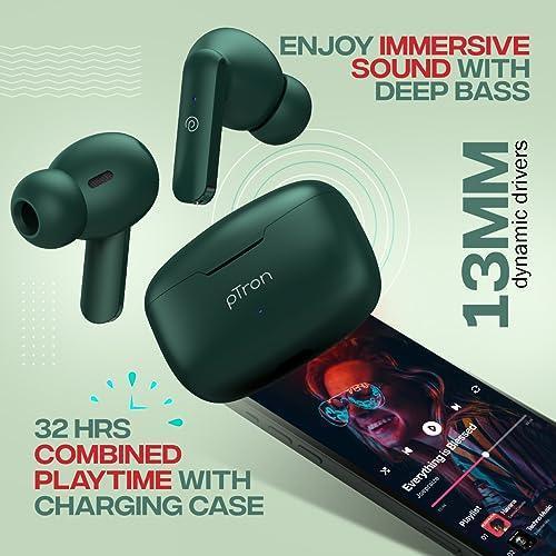 pTron Bassbuds Duo in-Ear Wireless Earbuds, Immersive Sound, 32Hrs Playtime, Clear Calls TWS Earbuds, Bluetooth V5.1 Headphones, Type-C Fast Charging, Voice Assistant & IPX4 Water Resistant (Green) - Triveni World