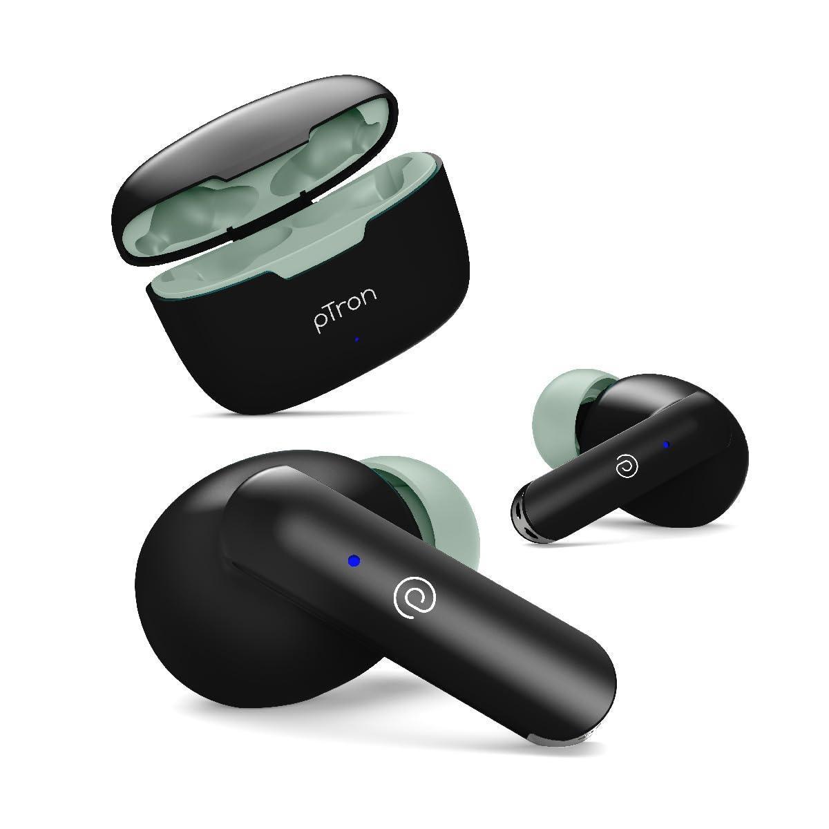 pTron Bassbuds Duo In-Ear Wireless Earbuds, Immersive Sound, 32Hrs Playtime, Clear Calls TWS Earbuds, Bluetooth V5.1 Headphone,Type-C Fast Charging, Voice Assist & IPX4 Water Resistant (Black & Green) - Triveni World