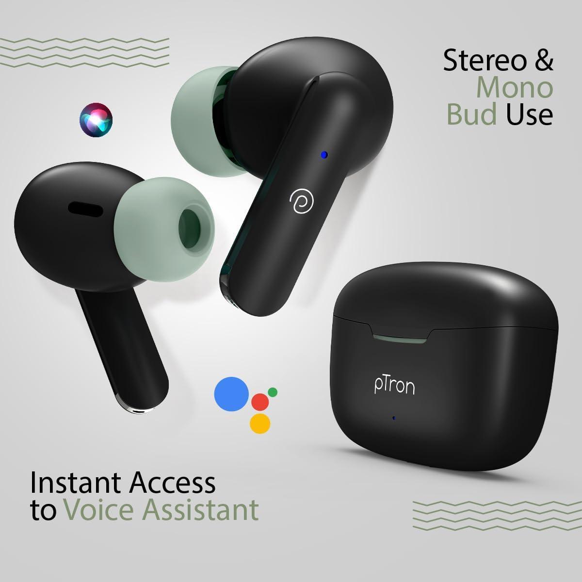 pTron Bassbuds Duo In-Ear Wireless Earbuds, Immersive Sound, 32Hrs Playtime, Clear Calls TWS Earbuds, Bluetooth V5.1 Headphone,Type-C Fast Charging, Voice Assist & IPX4 Water Resistant (Black & Green) - Triveni World