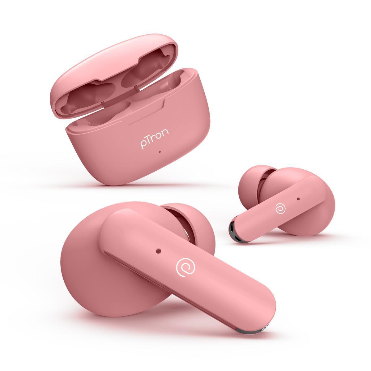 pTron Bassbuds Duo In-Ear Wireless Earbuds, Immersive Sound, 32Hrs Playtime, Clear Calls TWS Earbuds, Bluetooth V5.1 Headphone,Type-C Fast Charging, Voice Assist & IPX4 Water Resistant (Flamingo Pink) - Triveni World