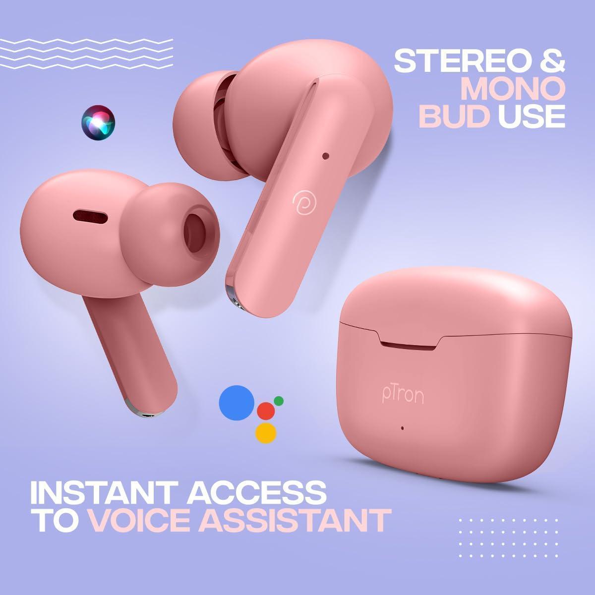 pTron Bassbuds Duo In-Ear Wireless Earbuds, Immersive Sound, 32Hrs Playtime, Clear Calls TWS Earbuds, Bluetooth V5.1 Headphone,Type-C Fast Charging, Voice Assist & IPX4 Water Resistant (Flamingo Pink) - Triveni World