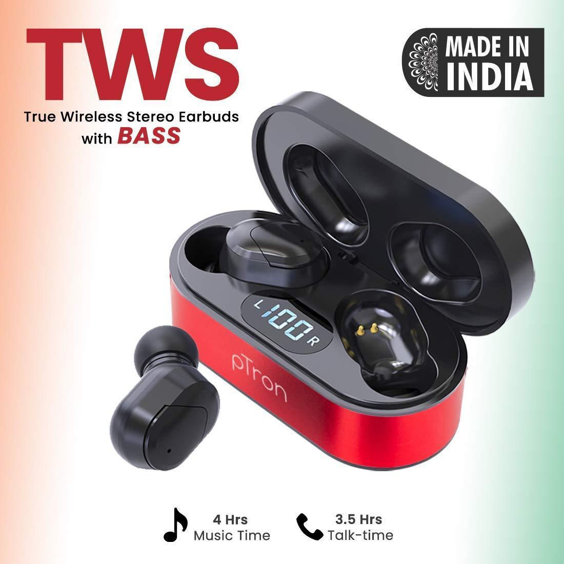 pTron Bassbuds Plus in Ear True Wireless Stereo Earbuds with Mic, Deep Bass Bluetooth Headphones, Voice Assistance, IPX4 Sweat & Water Resistant TWS, 12Hrs Battery & Fast Charge (Red & Black) - Triveni World