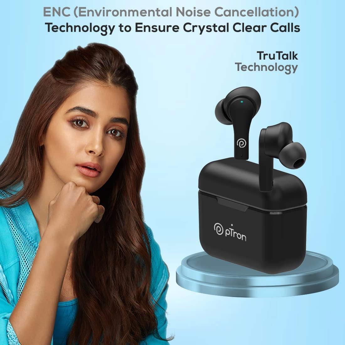 pTron Bassbuds Tango In-Ear TWS Earbuds, TruTalk AI-ENC Calls, Movie Mode, 40Hrs Playtime, Bluetooth 5.1 Headphone with HD Mics, Touch Control, IPX4 Water-Resistant & Type-C Fast Charging (Black Matt) - Triveni World