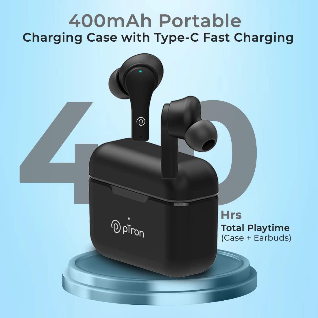 pTron Bassbuds Tango In-Ear TWS Earbuds, TruTalk AI-ENC Calls, Movie Mode, 40Hrs Playtime, Bluetooth 5.1 Headphone with HD Mics, Touch Control, IPX4 Water-Resistant & Type-C Fast Charging (Black Matt) - Triveni World