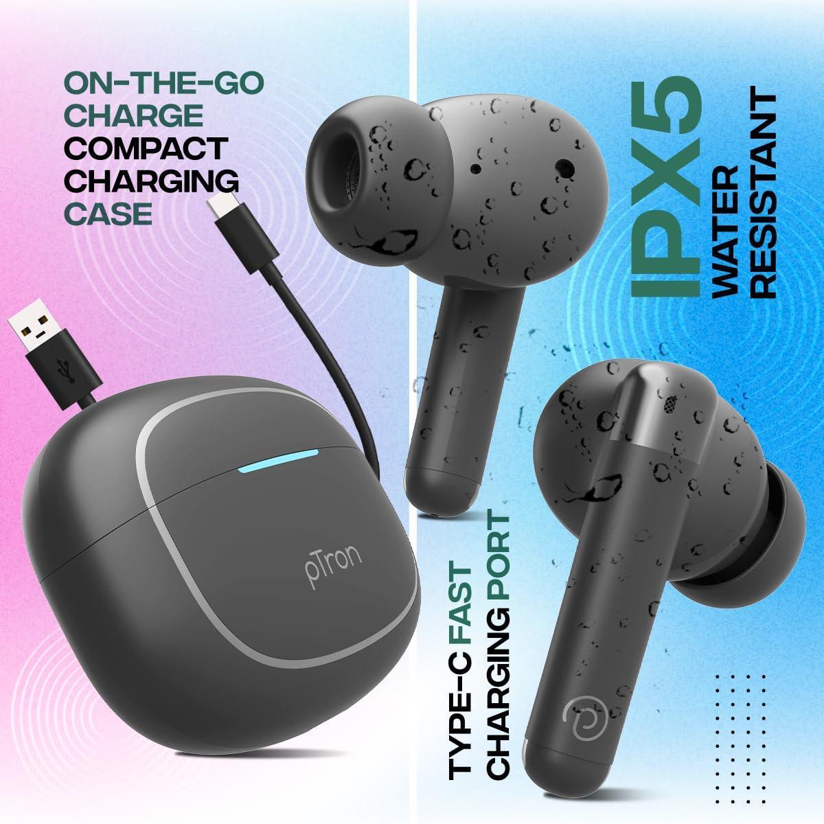 pTron Newly Launched Bassbuds Duo Pro TWS Earbuds, TruTalk AI-ENC Calls, 38H Playback time, Deep Bass, Movie/Music Modes, In-Ear Bluetooth 5.3 Headphones with HD Mic, Fast Type-C Charging & IPX5(Grey) - Triveni World