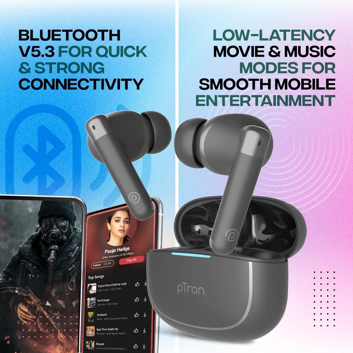 pTron Newly Launched Bassbuds Duo Pro TWS Earbuds, TruTalk AI-ENC Calls, 38H Playback time, Deep Bass, Movie/Music Modes, In-Ear Bluetooth 5.3 Headphones with HD Mic, Fast Type-C Charging & IPX5(Grey) - Triveni World