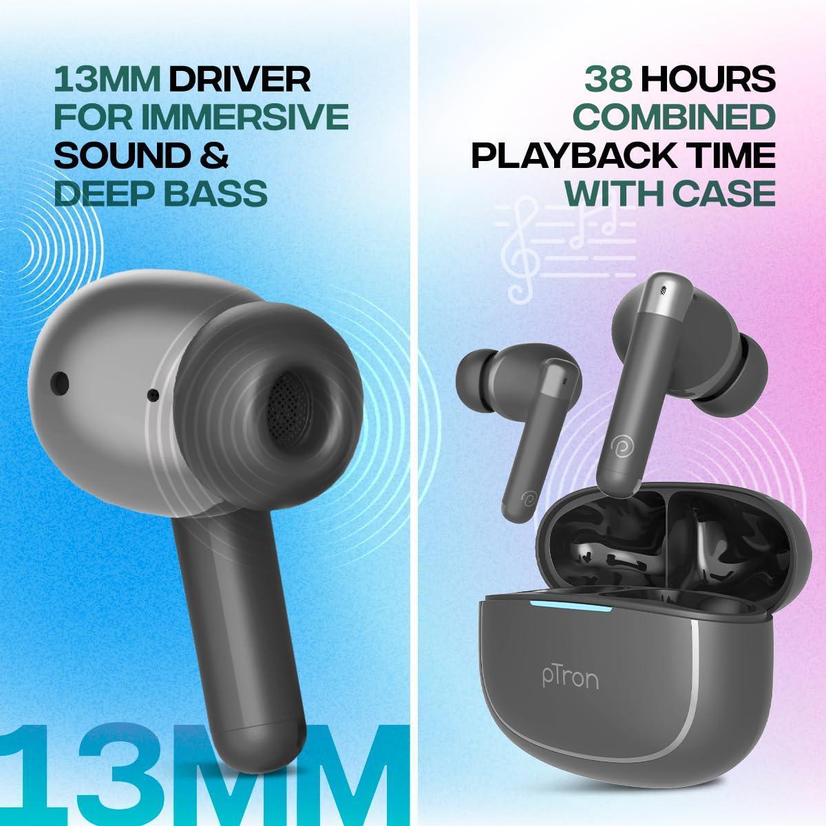 pTron Newly Launched Bassbuds Duo Pro TWS Earbuds, TruTalk AI-ENC Calls, 38H Playback time, Deep Bass, Movie/Music Modes, In-Ear Bluetooth 5.3 Headphones with HD Mic, Fast Type-C Charging & IPX5(Grey) - Triveni World