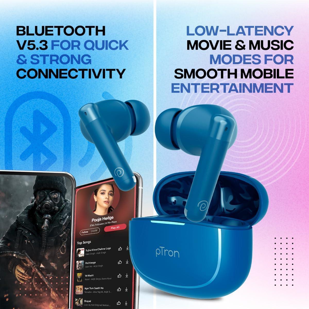 pTron Newly Launched Bassbuds Duo Pro TWS Earbuds, TruTalk AI-ENC Calls, 38H Playback Time, Deep Bass, Movie/Music Modes, In-Ear Bluetooth 5.3 Headphones with HD Mic,Fast Type-C Charging & IPX5 (Blue) - Triveni World