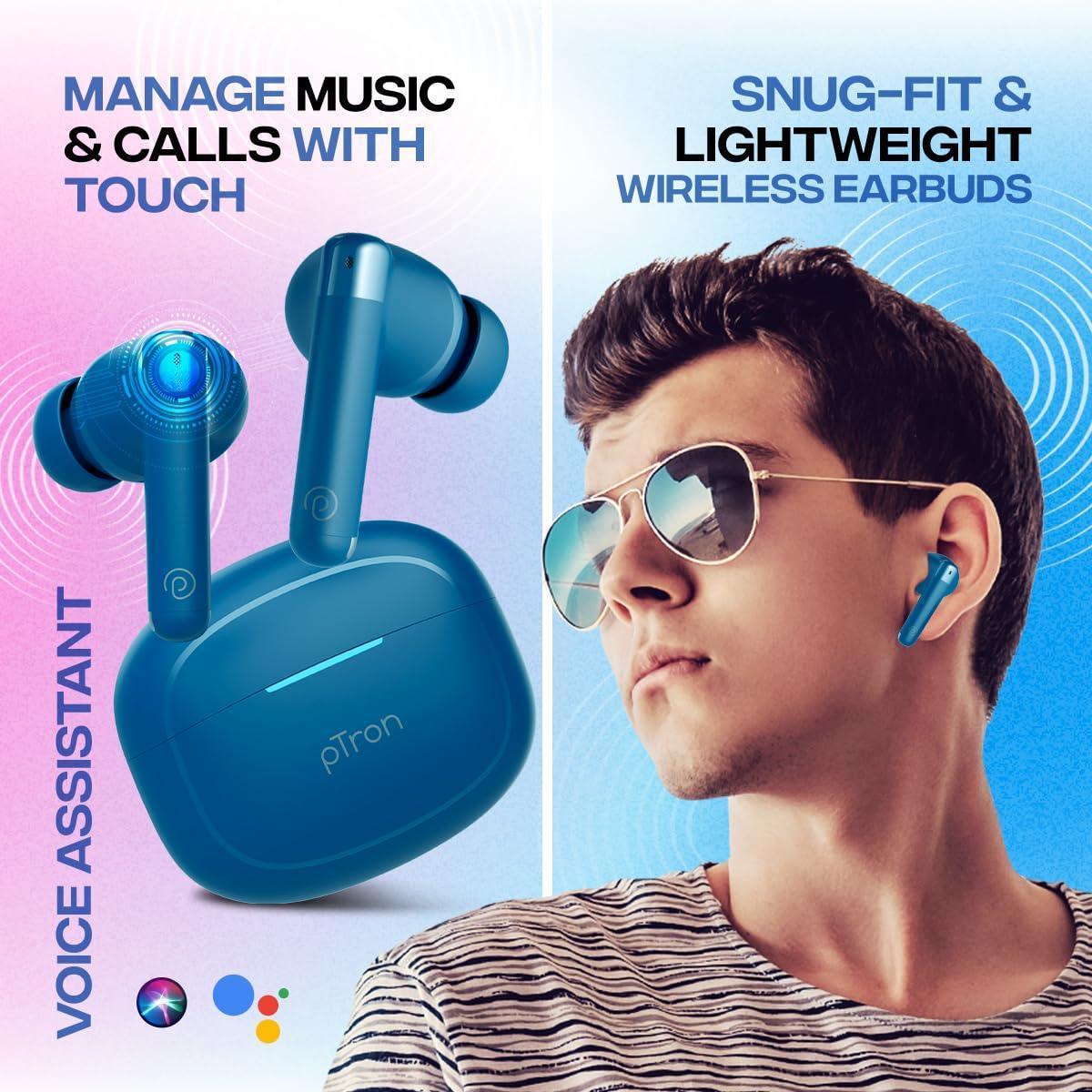 pTron Newly Launched Bassbuds Duo Pro TWS Earbuds, TruTalk AI-ENC Calls, 38H Playback Time, Deep Bass, Movie/Music Modes, In-Ear Bluetooth 5.3 Headphones with HD Mic,Fast Type-C Charging & IPX5 (Blue) - Triveni World