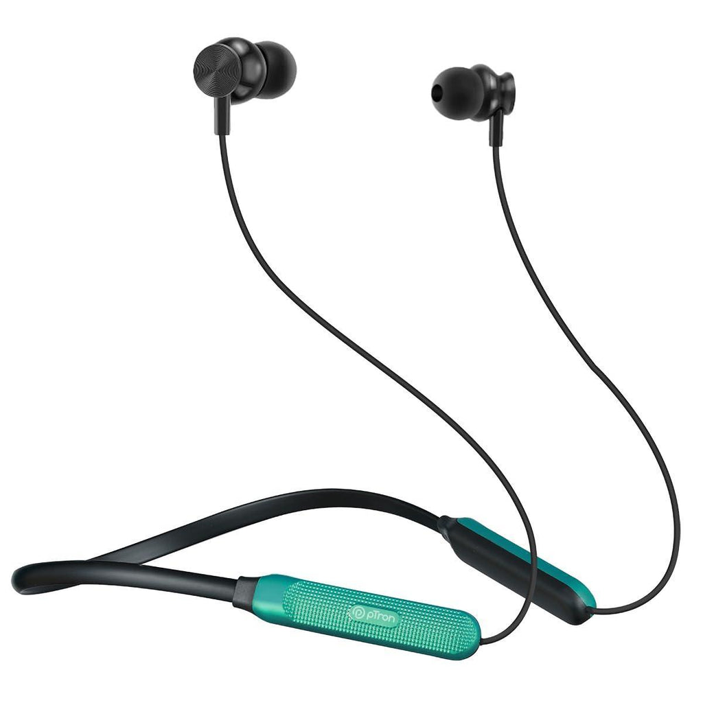 pTron Tangent Duo Bluetooth 5.2 Wireless in Ear Headphones, 13mm Driver, Deep Bass, HD Calls, Fast Charging Type-C Neckband, Dual Pairing, Voice Assistant & IPX4 Water Resistant (Black/Green) - Triveni World