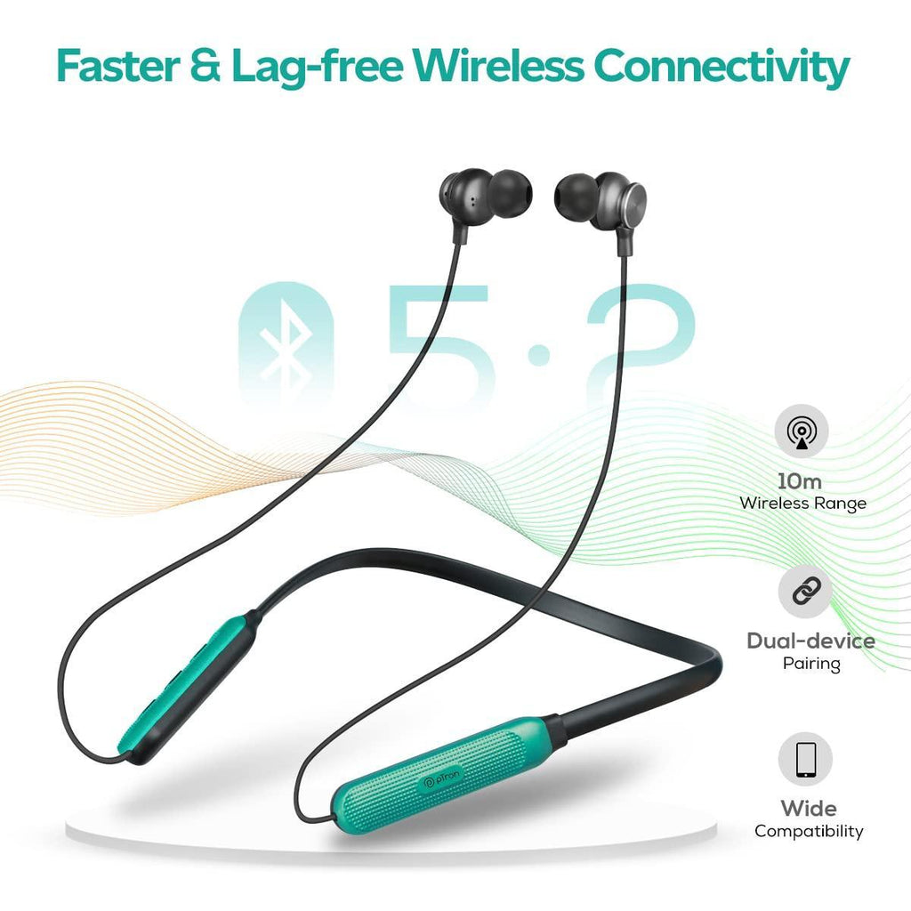 pTron Tangent Duo Bluetooth 5.2 Wireless in Ear Headphones, 13mm Driver, Deep Bass, HD Calls, Fast Charging Type-C Neckband, Dual Pairing, Voice Assistant & IPX4 Water Resistant (Black/Green) - Triveni World