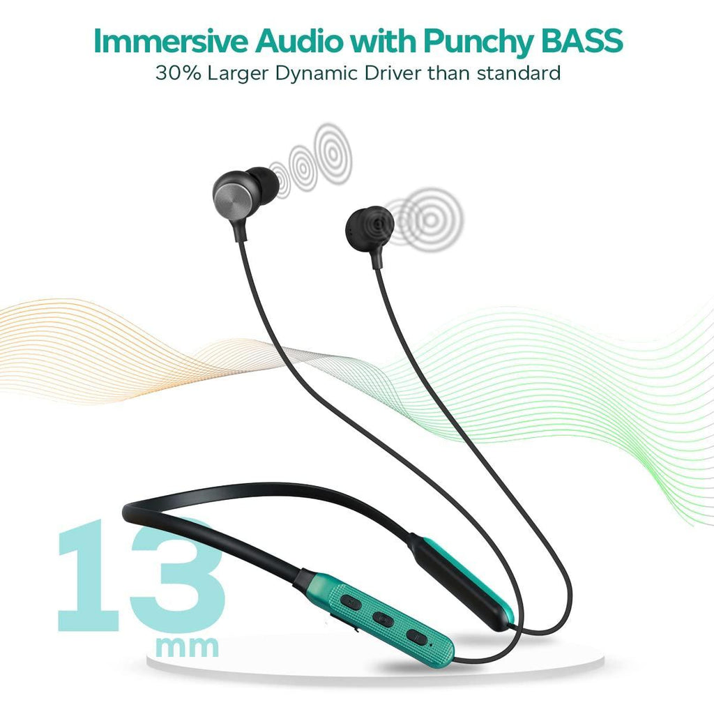 pTron Tangent Duo Bluetooth 5.2 Wireless in Ear Headphones, 13mm Driver, Deep Bass, HD Calls, Fast Charging Type-C Neckband, Dual Pairing, Voice Assistant & IPX4 Water Resistant (Black/Green) - Triveni World