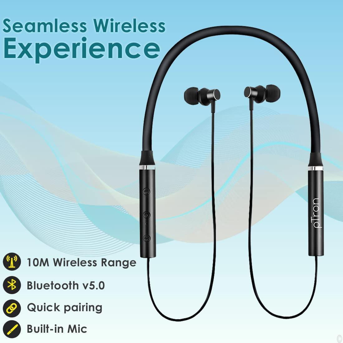 pTron Tangentbeat in-Ear Bluetooth 5.0 Wireless Headphones with Mic, Deep Bass, 10mm Drivers, Clear Calls, Dual Pairing, Fast Charging, Magnetic Buds, Voice Assistant & IPX4 Wireless Neckband (Black - Triveni World