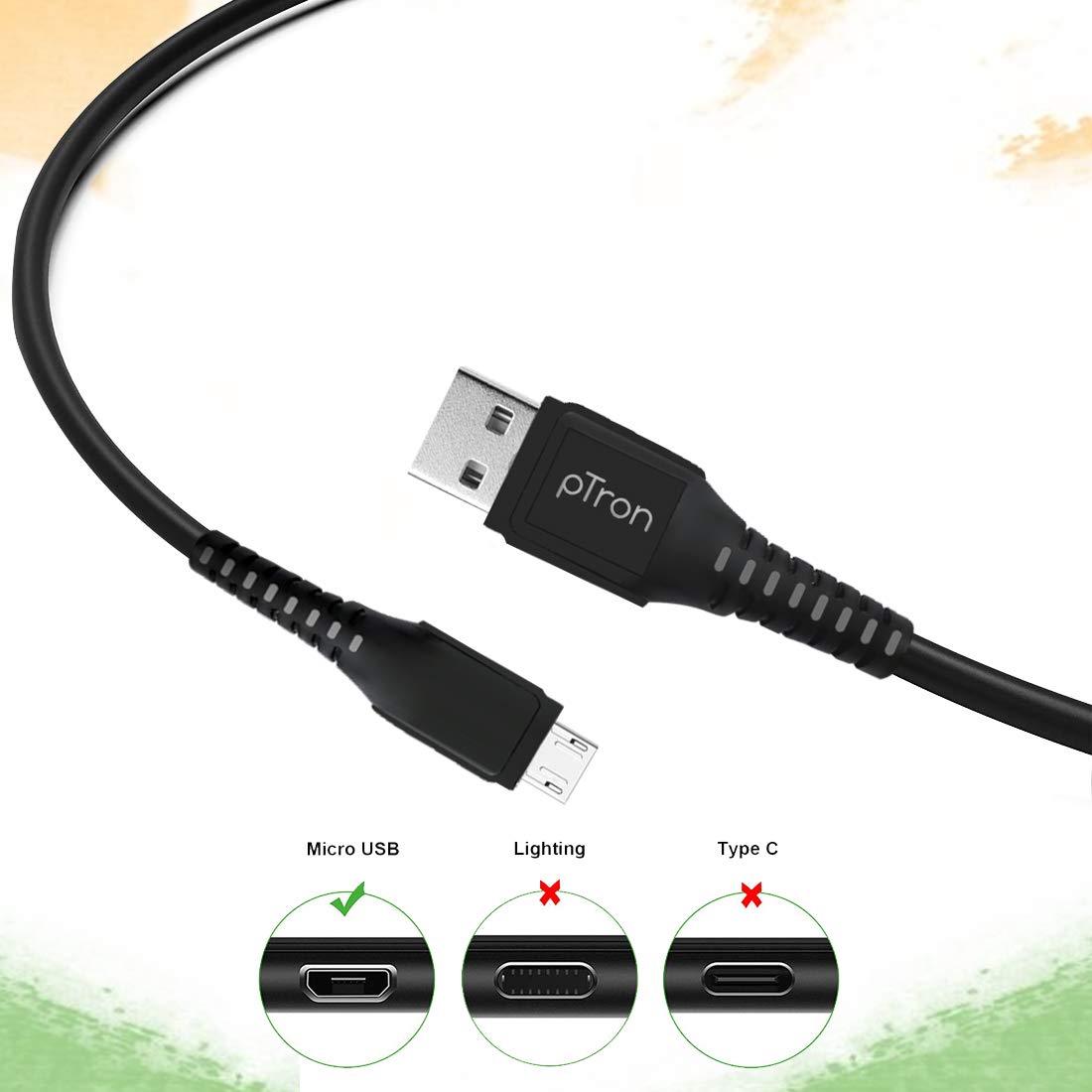 pTron USB-A to Micro USB 2.4A Fast Charging Cable compatible with Android Phones/Tablets, 480mbps Data Transfer Speed, Made in India, Solero M241 Tangle-free USB Cable (Round, 1M, Black) - Triveni World