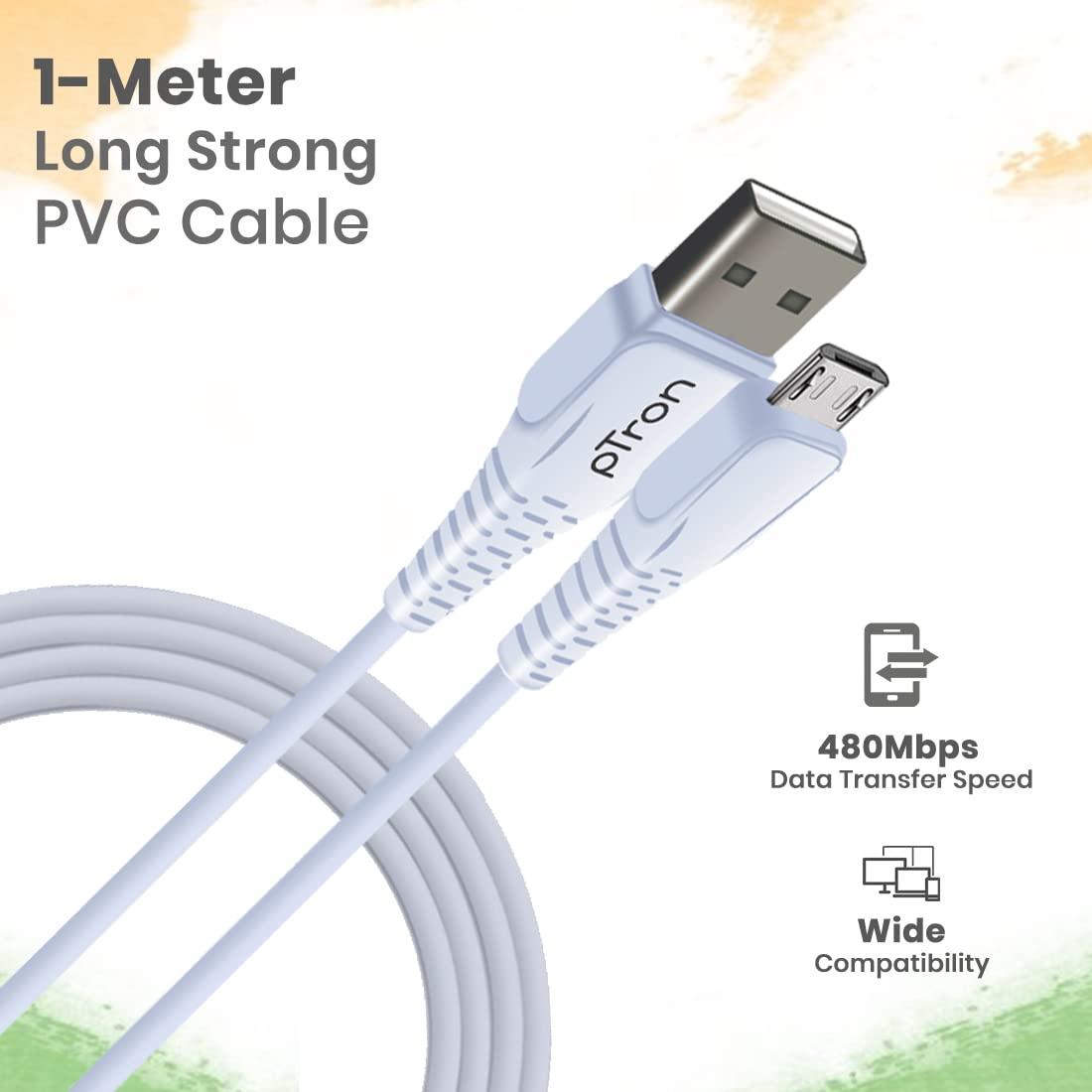 pTron USB-A to Micro USB 2.4A Fast Charging Cable compatible with Android Phones/Tablets, 480mbps Data Transfer Speed, Made in India, Solero M241 Tangle-free USB Cable (Round, 1M, White) - Triveni World