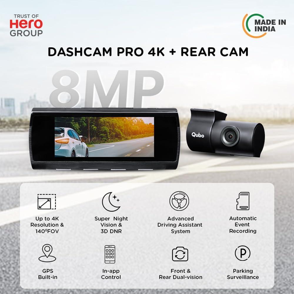 Qubo Car Dash Camera True 4K 2160P UHD Dual Channel from Hero Group, SONY STARVIS IMX415 Sensor, Made in India, ADAS, Rear 1080P, GPS Log, 2.8" Display, 140° Wide Angle, Supports Up to 1TB SD Card - Triveni World