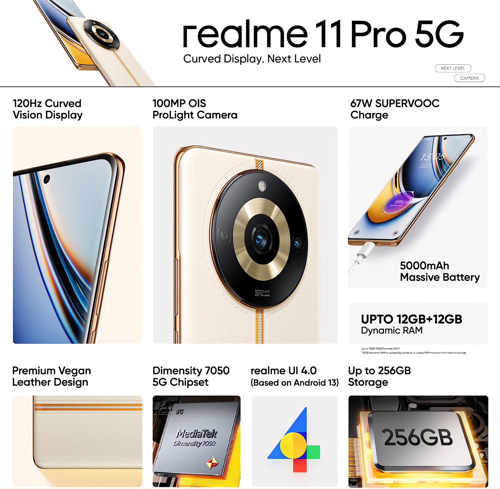 realme 11 Pro 5G (Sunrise Beige, 8GB RAM, 128GB Storage) | 120 Hz Curved Display | 100MP Prolight Camera | 7050 5G Dimensity | 67W SUPERVOOC | 12GB Dynamic RAM | Premier Vegan Leather Finish Design - Triveni World