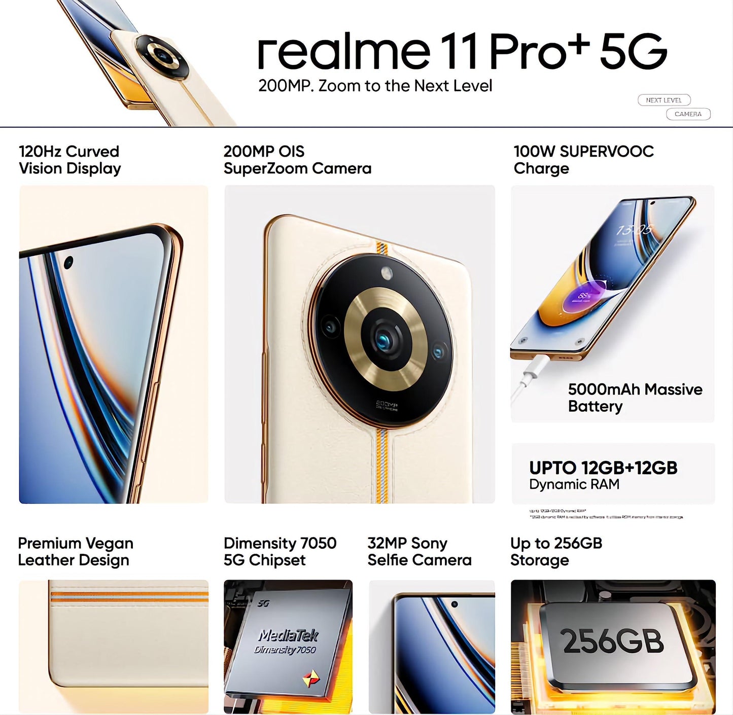 realme 11 Pro+ 5G (Sunrise Beige, 8GB RAM, 256GB Storage) | 120 Hz Curved Display | 200MP Prolight Camera | 7050 5G Dimensity | 100W SUPERVOOC | 12GB Dynamic RAM | Premier Vegan Leather Finish Design - Triveni World