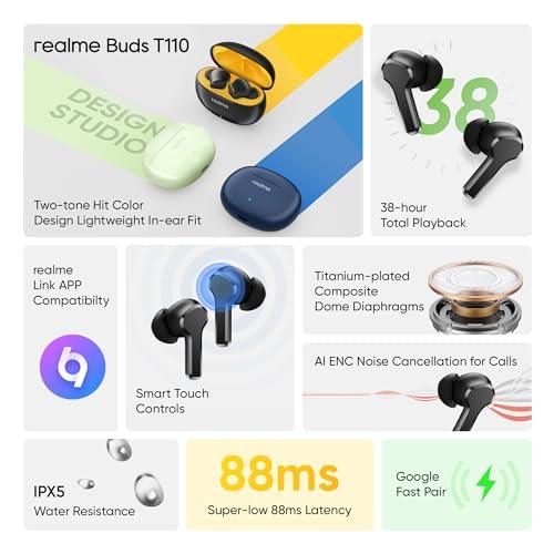 realme Buds T110 with Ai Enc for Calls, Upto 38 Hours of Playback and Fast Charging Bluetooth in Ear Headset (Punk Black, True Wireless) - Triveni World